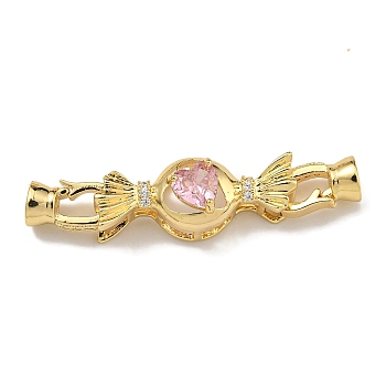 Brass Micro Pave Cubic Zirconia Fold Over Clasps, Candy, Real 18K Gold Plated, Pink, 43mm