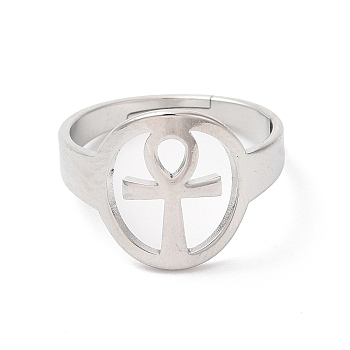 304 Stainless Steel Hollow Ankh Corss Adjustable Ring for Women, Stainless Steel Color, Inner Diameter: 17mm