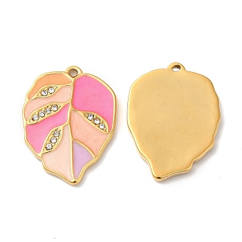 Real 18K Gold Plated 304 Stainless Steel Rhinestone Pendants, with Enamel, Leaf Charms, Hot Pink, 21.5x16x2mm, Hole: 1mm