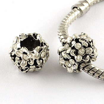 Antique Silver Plated Alloy Rhinestone Flower Large Hole European Beads, Crystal, 11x8mm, Hole: 5mm
