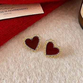 Valentine's Day Alloy & Resin Stud Earrings, Golden, Heart, 17.5x19.5mm