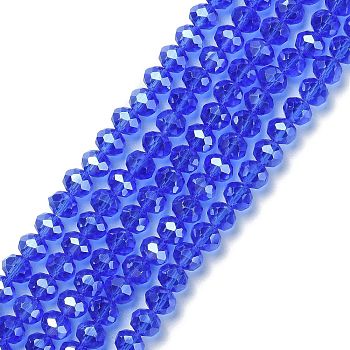 Glass Beads Strands, Pearl Luster Plated, Crystal Suncatcher, Faceted Rondelle, Royal Blue, 8x6mm, Hole: 1mm, about 68~70pcs/strand, 15 inch