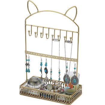 1Pc Cat Ear Iron Jewelry Organizer Display Stands with Wooden Base, Tabletop Jewelry Storage Rack for Earrings Bracelets Necklaces Display, Golden, 18.2x10.3x30.5cm
