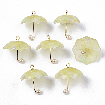 Acrylic Pendants, with Golden Plated Brass Loops and ABS Plastic Imitation Pearl, Umbrella, Pale Goldenrod, 20~21x20x20mm, Hole: 1.6mm