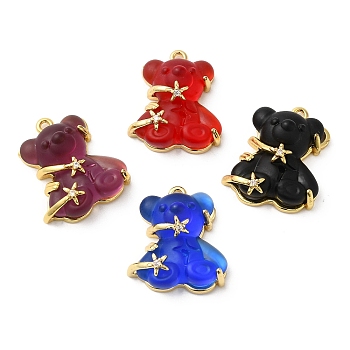 Transparent & Opaque Resin Crystal Rhinestone Pendants, Bear Charms, with Rack Plating Real 18K Gold Plated Brass Findings, Long-Lasting Plated, Cadmium Free & Lead Free, Mixed Color, 23.5x20.5x9mm, Hole: 1.6mm