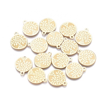 Ion Plating(IP) 304 Stainless Steel Charms, Laser Cut, Flat Round with Tree, Golden, 13.3x11x0.6mm, Hole: 1mm