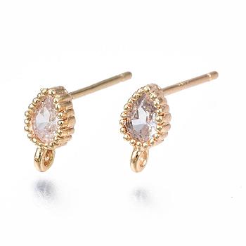 Brass Stud Earring Findings, with Loop and Cubic Zirconia, Teardrop, Clear, Nickel Free, Real 18K Gold Plated, 7.5x4mm, Hole: 1mm