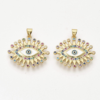 Brass Micro Pave Cubic Zirconia Pendants, Evil Eye, Colorful, Golden, 22.5x27x2mm, Hole: 3x4mm