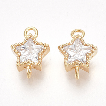 Brass Cubic Zirconia Links, Star, Clear, Nickel Free, Real 18K Gold Plated, 10x7x4mm, Hole: 1.2mm
