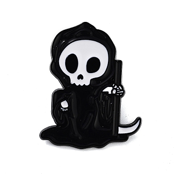 Halloween Theme Black Alloy Brooches, Enamel Pins, Skull, 27x24.5x1.5mm