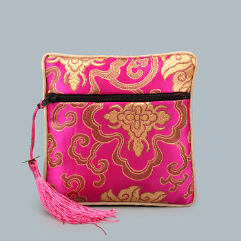 Chinese Style Square Cloth Zipper Pouches, with Random Color Tassels and Auspicious Clouds Pattern, Deep Pink, 12~13x12~13cm