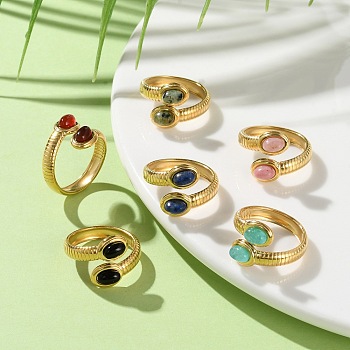 Oval Natural Red Agate & Amazonite & Rhodochrosite & Black Onyx & African Turquoise & Lapis Lazuli Finger Rings, Real 18K Gold Plated 304 Stainless Steel Open Cuff Rings for Women, Inner Diameter: 16.8mm