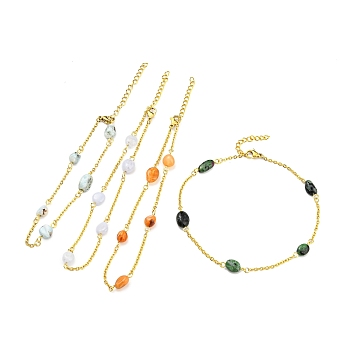 Natural Mixed Gemstone Nuggets Beaded Anklet with Vacuum Plating 304 Stainless Steel Chains, 8-1/8~10 inch(20.6~25.4cm)