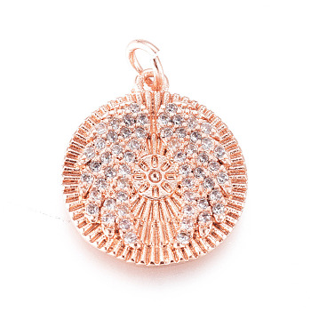 Brass Micro Pave Cubic Zirconia Pendants, with Jump Rings, Flat Round, with Wings Pattern, Clear, Rose Gold, 17x15x2mm, Jump Rings: 2.5mm Inner Diameter