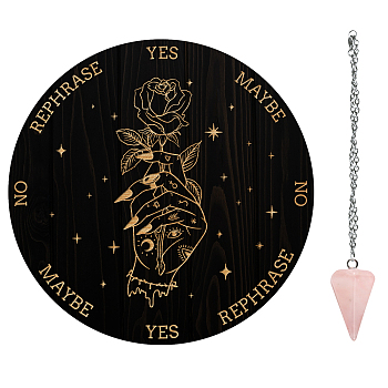 AHADEMAKER 1Pc Cone/Spike/Pendulum Natural Rose Quartz Stone Pendants, 1Pc 304 Stainless Steel Cable Chain Necklaces, 1Pc PVC Custom Pendulum Board, Dowsing Divination Board, Rose Pattern, Board: 200x4mm