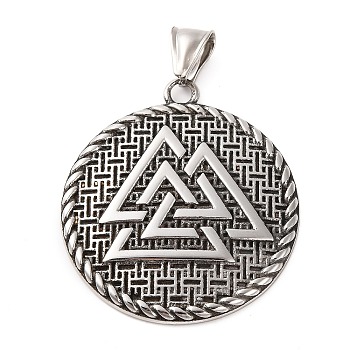 316 Surgical Stainless Steel  Pendants, Antique Silver, Flat Round Charms, Valknut, 43x38.5x5mm, Hole: 9x4mm