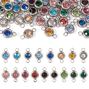 Pandahall 34Pcs 17 Colors 304 Stainless Steel Rhinestone Links Connectors, Flat Round, Stainless Steel Color, Mixed Color, 12x6.5x4mm, Hole: 2mm, 2pcs/color