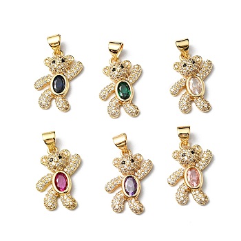 Rack Plating Brass Micro Pave Cubic Zirconia Pendants, Cadmium Free & Lead Free, Long-Lasting Plated, Real 18K Gold Plated, Bear, Mixed Color, 19.5x12.5x4.5mm, Hole: 4x3.3mm