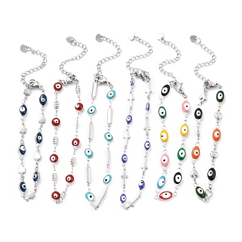 304 Stainless Steel Link Chain Bracelets, with Enamel, Evil Eye, Mixed Color, Stainless Steel Color, 7-1/4~8-3/8 inch(18.5~21.2cm)