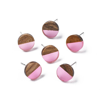 Transparent Resin & Walnut Wood Stud Earrings, with 316 Stainless Steel Pins, Flat Round, Pearl Pink, 10mm, Pin: 0.7mm