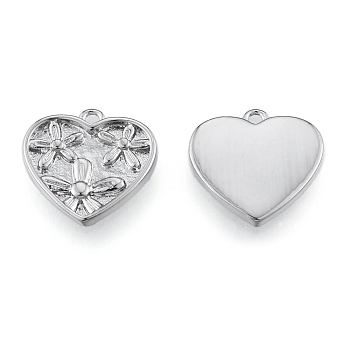 Brass Charms, Cadmium Free & Nickel Free & Lead Free, Heart with Flower, Real Platinum Plated, 14x14x2mm, Hole: 1.2mm