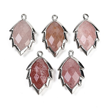 Natural Strawberry Quartz Faceted Leaf Pendants, Rack Plating Brass Charms, Platinum, 23x13.5x5.5mm, Hole: 1.2mm