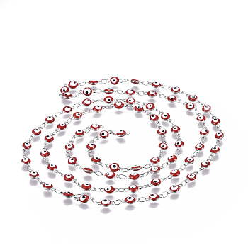 304 Stainless Steel Enamel Chains, Soldered, Flat Round with Evil Eye, Stainless Steel Color, Red, 9x4.5x2.5~3mm