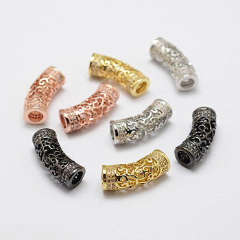 Brass Micro Pave Cubic Zirconia Tube Beads, Lead Free & Nickel Free, Mixed Color, 20x9x7mm, Hole: 4mm