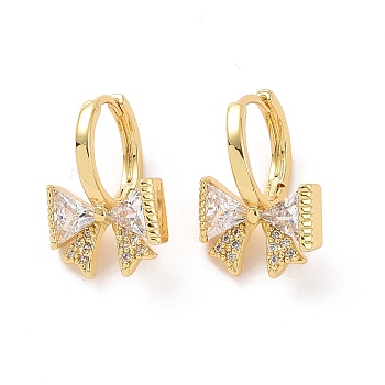 Clear Cubic Zirconia Bowknot Hoop Earrings, Brass Jewelry for Women, Real 18K Gold Plated, 18mm, Pin: 0.7mm