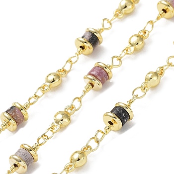 Natural Tourmaline Column Link Chains, with Real 18K Gold Plated Brass Findings, Soldered, with Spool, 5x14x5mm