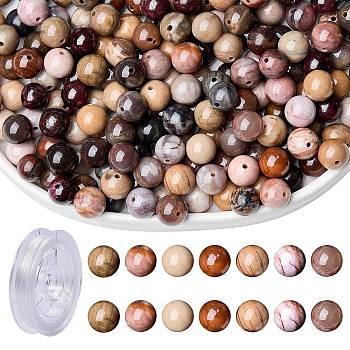 100Pcs Natural Petrified Wood Round Bead with Strong Stretchy Beading Elastic Thread, 8mm, Hole: 1mm