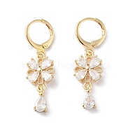 Flower Rack Plating Golden Brass Dangle Leverback Earrings, with Cubic Zirconia for Women, Clear, 36.5x10.5mm(EJEW-A030-03G-02)