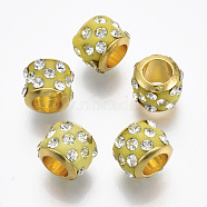 Brass European Beads, with Polymer Clay Rhinestone, Large Hole Beads, Rondelle, Golden, Yellow Green, 9x7.5mm, Hole: 4.5mm(CPDL-R002-02G-05)