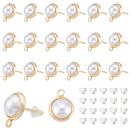 20Pcs Brass Stud Earring Findings, with 925 Sterling Silver Pins & ABS Plastic Imitation Pearl & Horizontal Loops, Half Round, with 40Pcs Plastic Ear Nuts, Golden, 12.5x10mm, Hole: 1.8mm, Pin: 0.8mm(KK-DC0001-26)