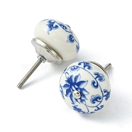 Printing Porcelain Drawer Knobs, with Iron Finding and Screw, for Home, Cabinet, Cupboard and Dresser, Rondelle with Flower Pattern, White, 2-1/2 inch(65mm), Ceramic: 40x28mm(FIND-WH0066-04E)