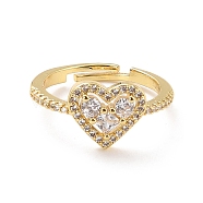 Heart Cubic Zirconia Adjustable Finger Ring for Valentine's Day, Real 18K Gold Plated Brass Ring, Cadmium Free & Lead Free, Clear, US Size 7 1/4(17.5mm)(RJEW-C004-02-RS)
