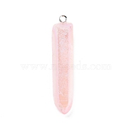 Electroplated Natural Quartz Pendants, with Brass Findings, Bullets, Pointed Pendants, Platinum, Pink, 40~65x7~15mm, Hole: 3mm(G-P315-B01-08P)