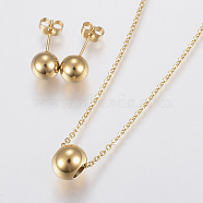304 Stainless Steel Jewelry Sets, Pendant Necklaces and Stud Earrings, Round, Golden, 17.71 inch(45cm), 19x8mm, Pin: 0.8mm(SJEW-H122-03G)