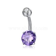 Piercing Jewelry, Brass Cubic Zirconia Navel Ring, Belly Rings, with 304 Stainless Steel Bar, Lead Free & Cadmium Free, Flat Round, Platinum, Purple, 21x8mm, Bar: 15 Gauge(1.5mm), Bar Length: 3/8"(10mm)(AJEW-EE0006-24D)