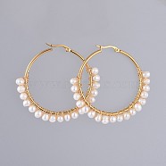 Hoop Earrings, with Natural Cultured Freshwater Pearl, Copper Wire, 304 Stainless Steel Hoop Earrings and Cardboard Packing Box, Golden, 55x6mm, Pin: 0.6x1mm(EJEW-JE03835)