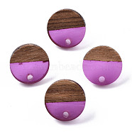 Resin & Walnut Wood Stud Earring Findings, with 304 Stainless Steel Pin, Flat Round, Medium Orchid, 15mm, Hole: 1.8mm, Pin: 0.7mm(MAK-N032-008A-A02)