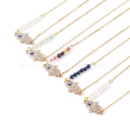 Alloy Rhinestone Hamsa Hand Pendant Necklaces, with Enamel, Natural Mixed Gemstone Beads and 304 Stainless Steel Cable Chains, Golden, 17.12 inch(43.5cm)(NJEW-JN03406)