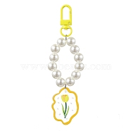 Alloy Acrylic Pendant Decorations, with Imitation Pearl Acrylic Beads, Flower Patterns, Yellow, 126mm(HJEW-JM01845-01)