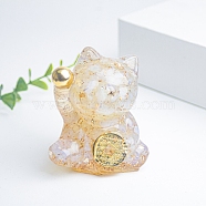 Resin Fortune Cat Display Decoration, with Opalite Chips inside Statues for Home Office Decorations, 55x40x60mm(PW-WG70599-08)