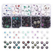 180Pcs 10 Style Opaque Black Acrylic Beads, Flat Round with Random Letters, Mixed Color, 9.5~10x6mm, Hole: 2mm, 18pcs/style(MACR-YW0001-53)