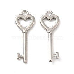 304 Stainless Steel Pendants, Heart Key Charm, Stainless Steel Color, 24x9x2mm, Hole: 1.6mm(STAS-F284-17P)
