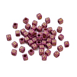 Opaque Acrylic Beads, Cube with Letter, Golden Metal Enlaced, Old Lace, 6x6x9mm, Hole: 3mm, about 3125pcs/500g(OACR-H046-01B)