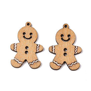 Printed Poplar Wood Pendants, Christmas Series, Gingerbread Man, 35x23.5x2mm, Hole: 1.6mm