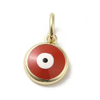 Brass Enamel Charms, with Jump Ring, Real 18K Gold Plated, Flat Round with Evil Eye Charm, FireBrick, 11x9x3.5mm, Hole: 3.6mm