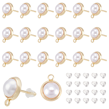 20Pcs Brass Stud Earring Findings, with 925 Sterling Silver Pins & ABS Plastic Imitation Pearl & Horizontal Loops, Half Round, with 40Pcs Plastic Ear Nuts, Golden, 12.5x10mm, Hole: 1.8mm, Pin: 0.8mm